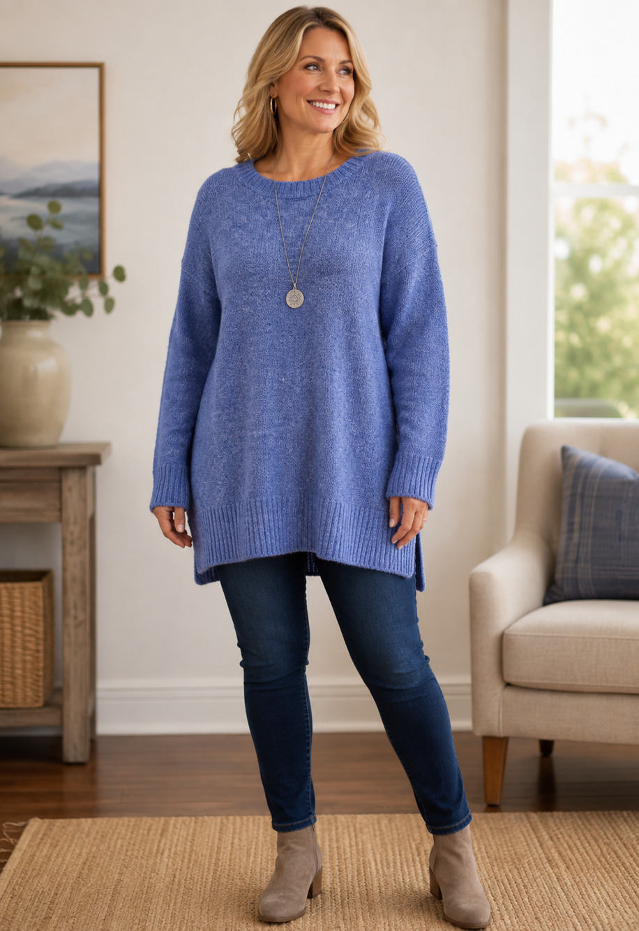 Zara Woman L Blue Alpaca Blend Fuzzy Knit Tunic Sweater Oversized Y2K Style